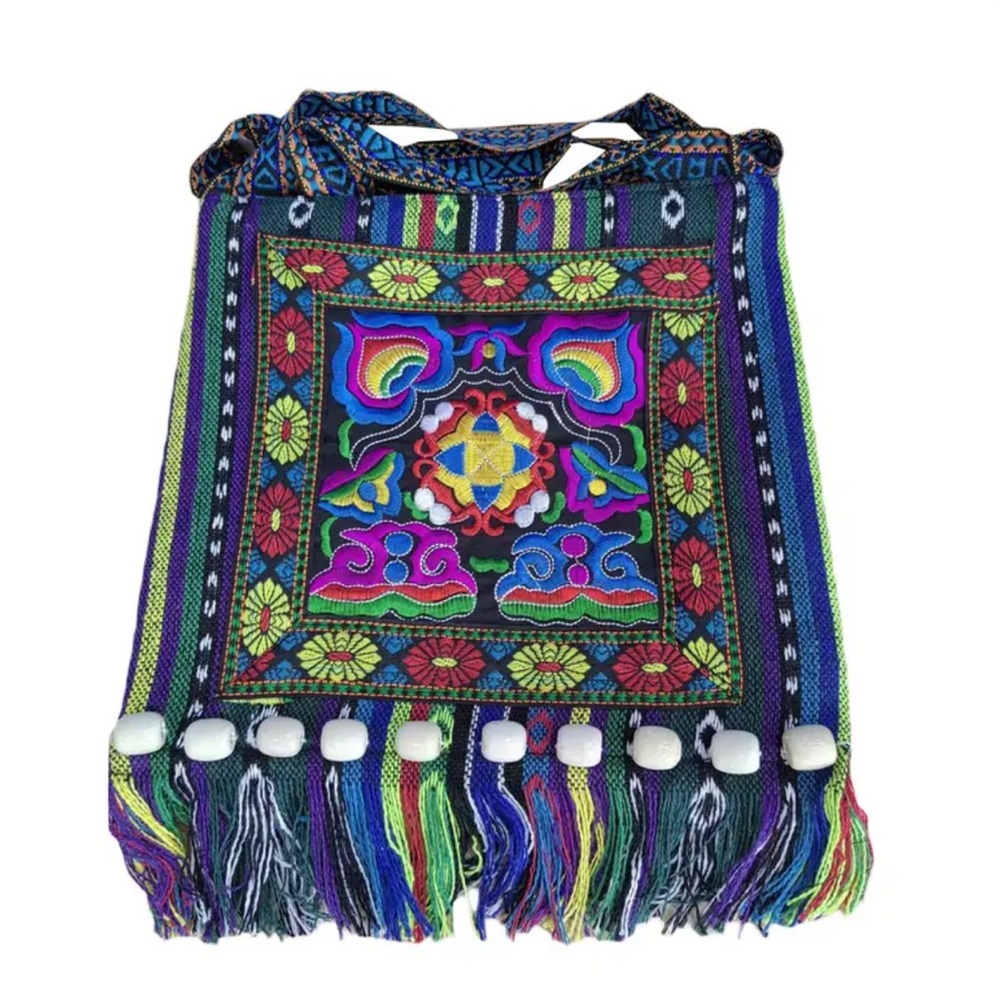 Blue and Green Geometric Embroidered Backpack